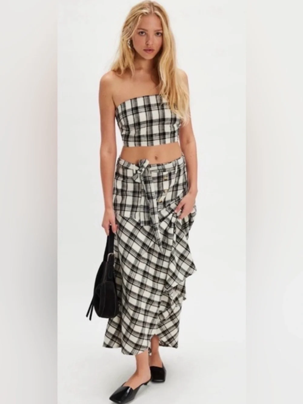 FREE PEOPLE After You Set MAXI SKIRT + TOP Black & White Plaid Boho NWT $168